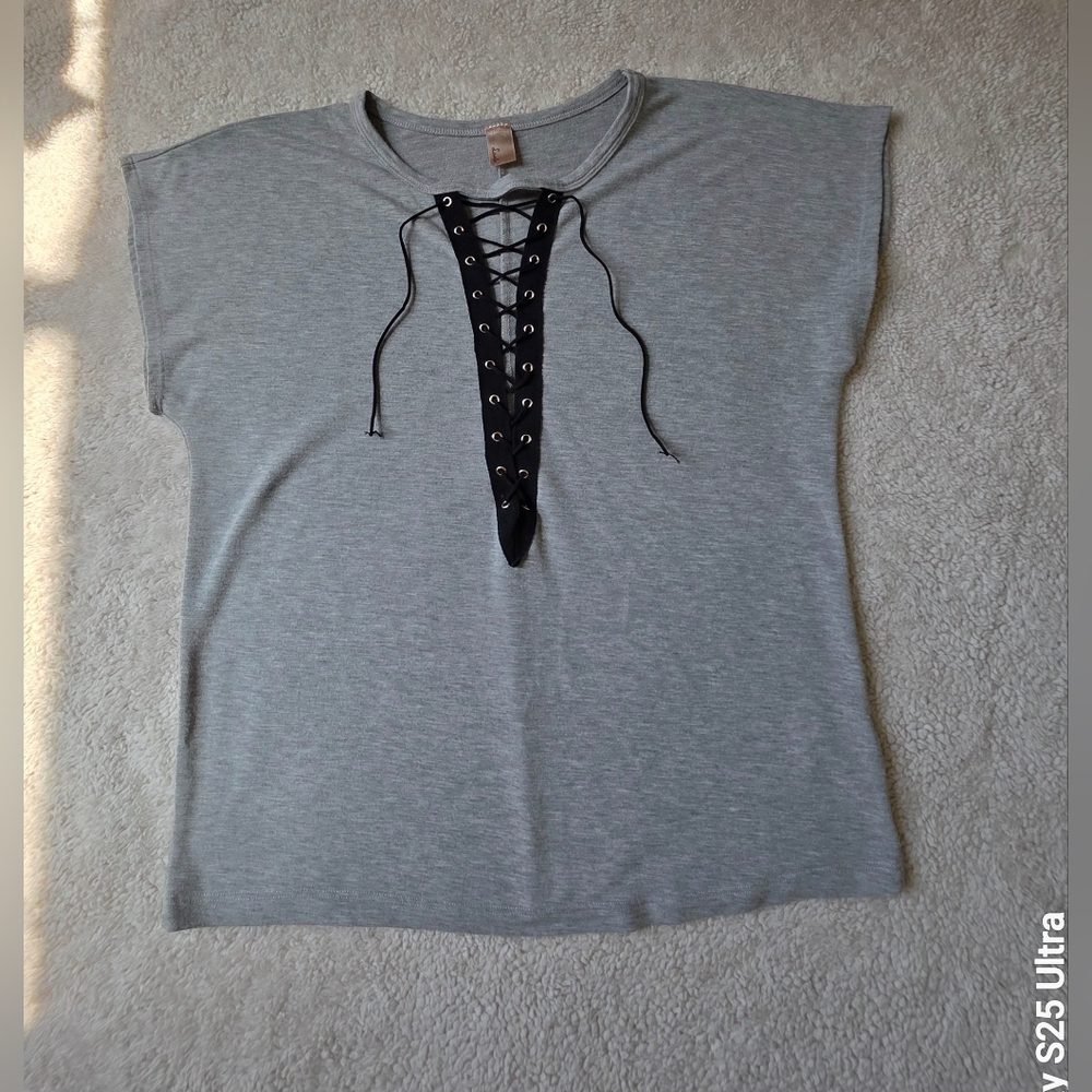 Lani Gray Lace-Up Short Sleeve Top